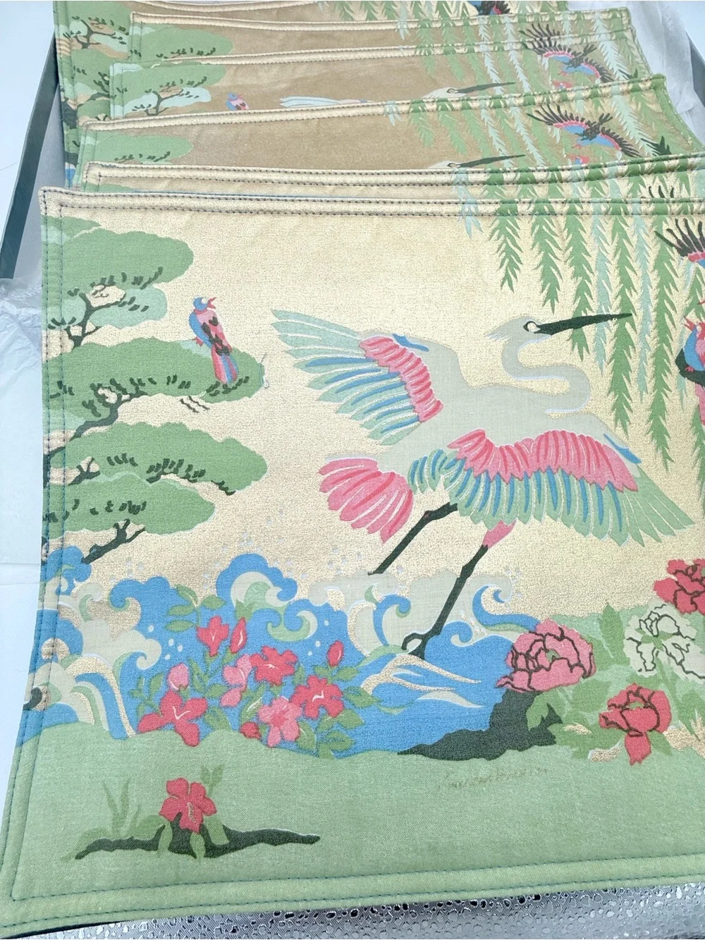 Vtg Set of 6 JACOBSON'S Japanese Chinoiserie Placemats Woven Crane Heron In Box